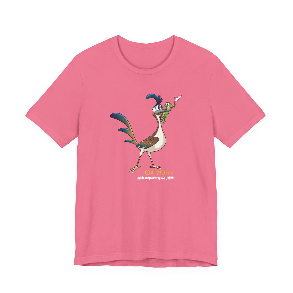A pink short-sleeve crewneck t-shirt featuring a cartoon graphic of the New Mexican roadrunner.