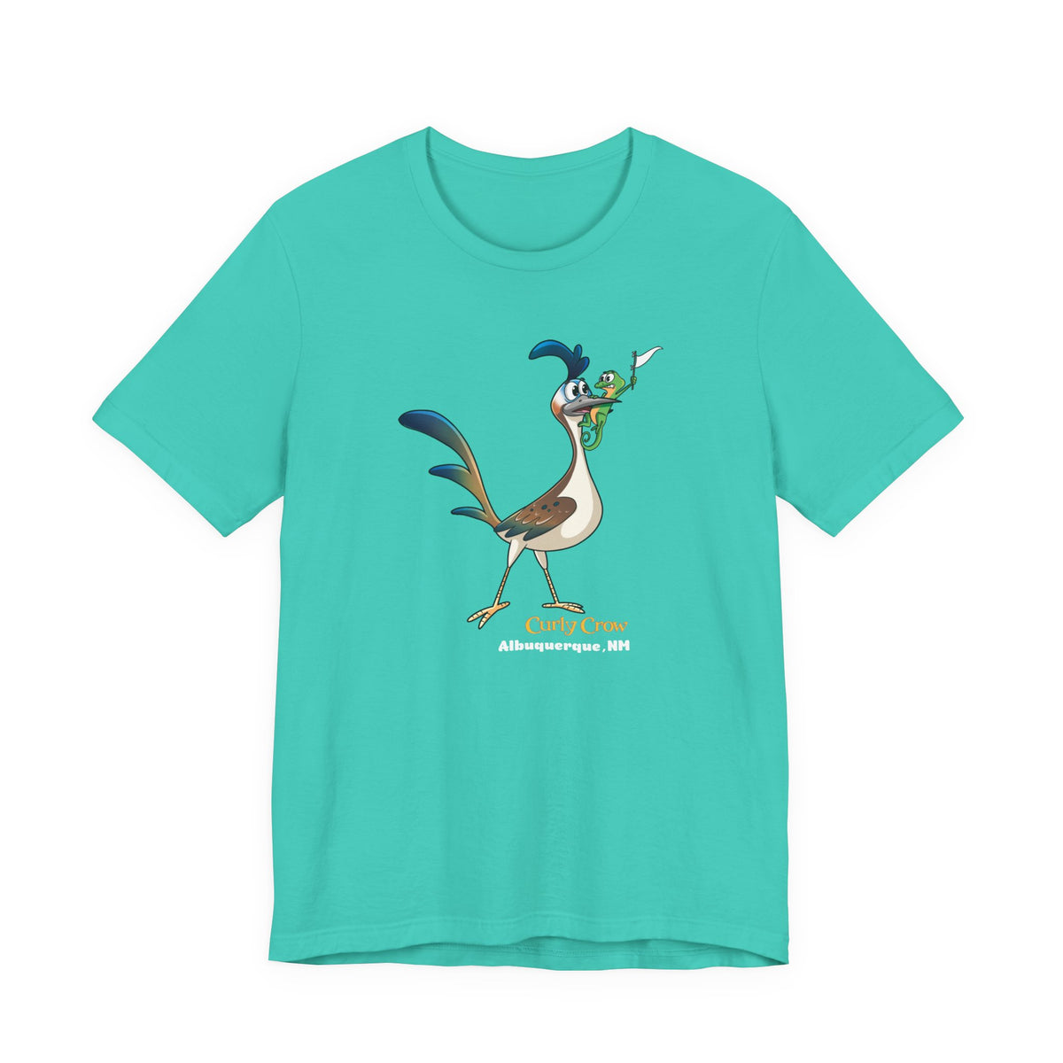 A turquoise short-sleeve crewneck t-shirt featuring a cartoon graphic of the New Mexican roadrunner.