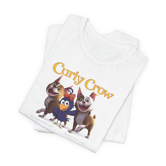 Folded white t-shirt with cartoon characters and 'Curly Crow' text on a white background