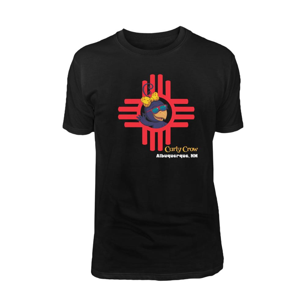 Black t-shirt with a red and yellow graphic design on a white background