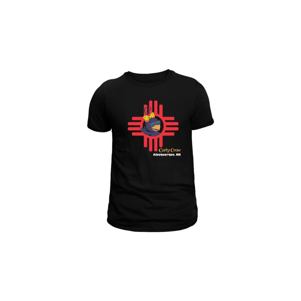 Black t-shirt with a red and yellow graphic design on a white background