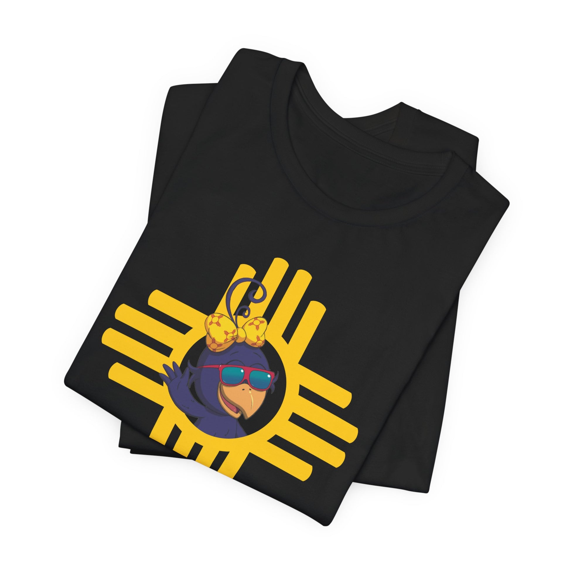 Black t-shirt with a colorful graphic design on a white background