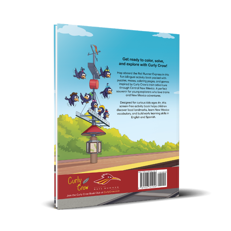 Book cover with Curly Crow characters perched on the Rail Runner sign 