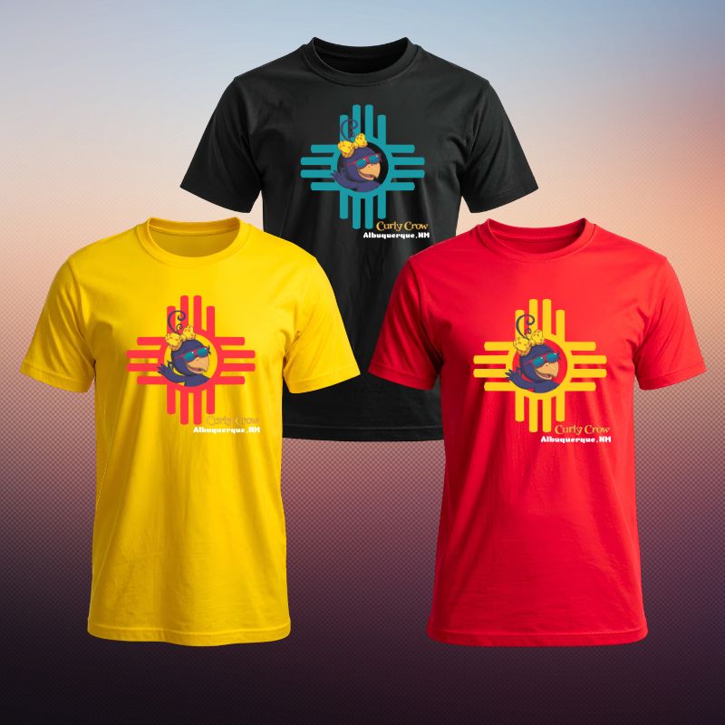 Three Curly Crow Zia T-shirts in turquoise, red, and yellow featuring a colorful Zia symbol design inspired by New Mexico. Soft graphic tees for kids and adults celebrating New Mexico pride and Curly Crow Books.