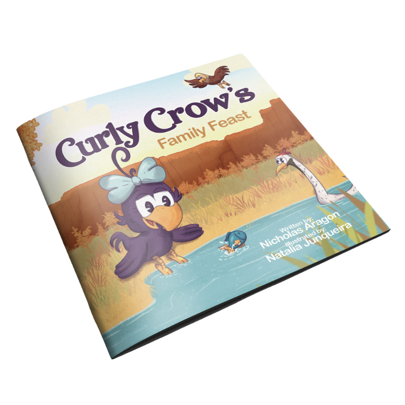 A kids book about Curly Crow flying over the Rio Grande River, on a mission to find food for her family’s Thanksgiving feast.