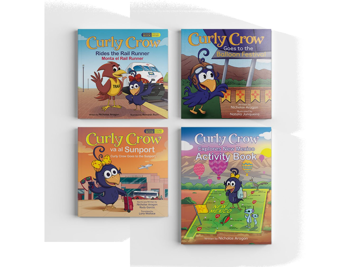 Curly Crow New Mexico Adventure Book Bundle featuring Rail Runner, Balloon Fiesta, and Sunport children's books.