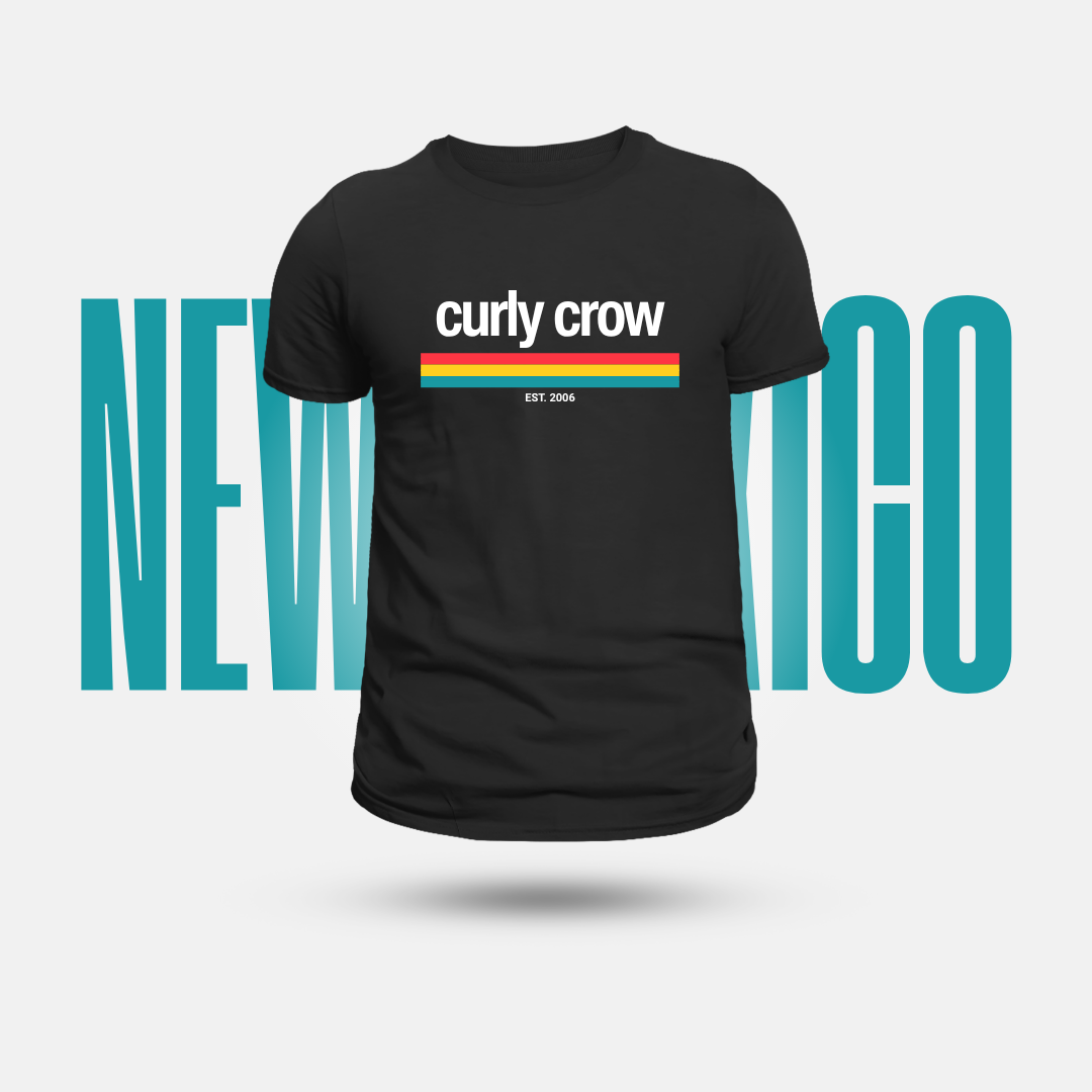 A black short-sleeve t-shirt with a retro-style graphic on the chest reading 'curly crow' in white above a horizontal rainbow stripe and 'EST. 2006' in small white text.