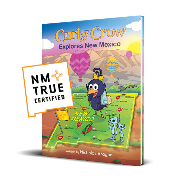 Children's book titled 'Curly Crow Explores New Mexico' with colorful illustrations and a 'NM True Certified' badge.