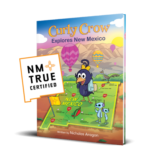 Children's book titled 'Curly Crow Explores New Mexico' with colorful illustrations and a 'NM True Certified' badge.