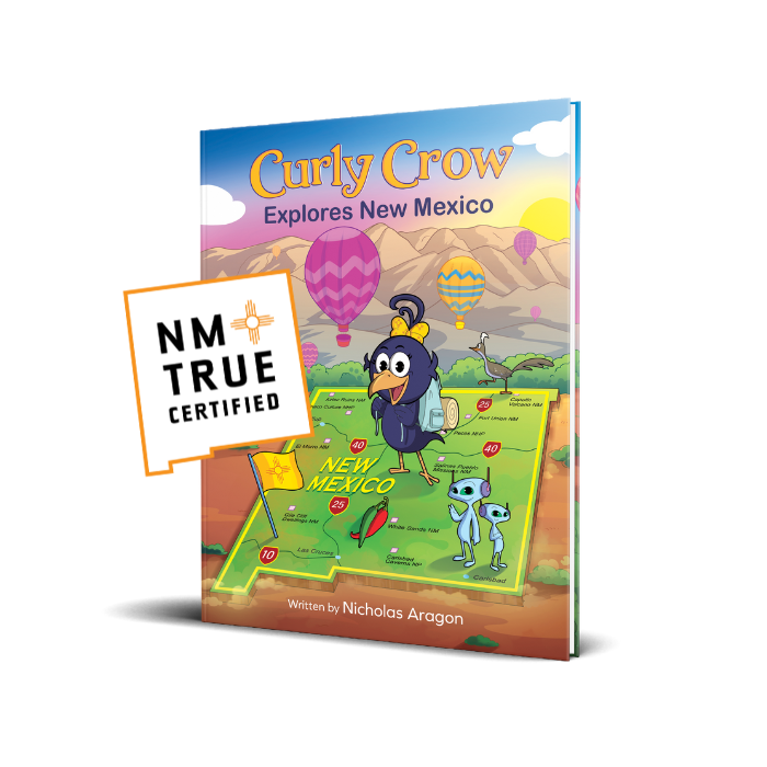Cover of Curly Crow Activity Book with the New Mexico True Certified logo. Fun books for kids by Curly Crow.