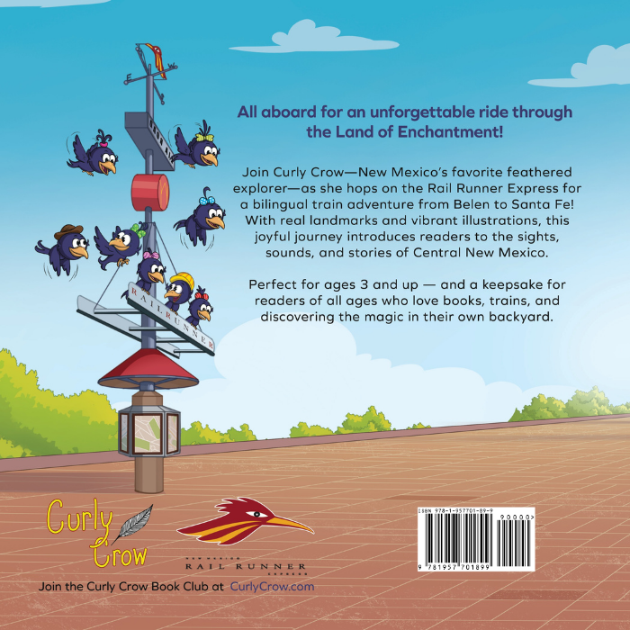 Back cover of a children's book featuring Curly Crow and a train, with text about the book's content.