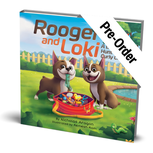Book titled 'Rooger and Loki' with two cartoon dogs on the cover, set against a green outdoor scene.
