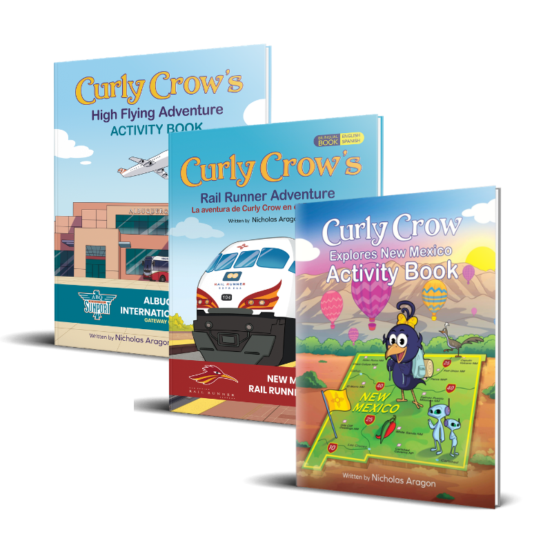 Three 'Curly Crow' activity books on a white background