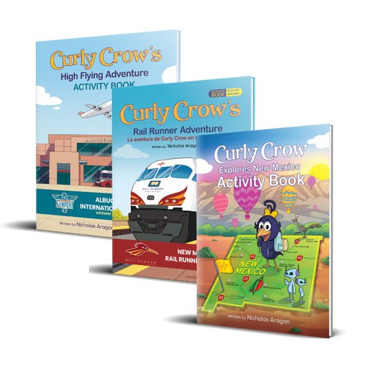 Three 'Curly Crow' activity books on a white background
