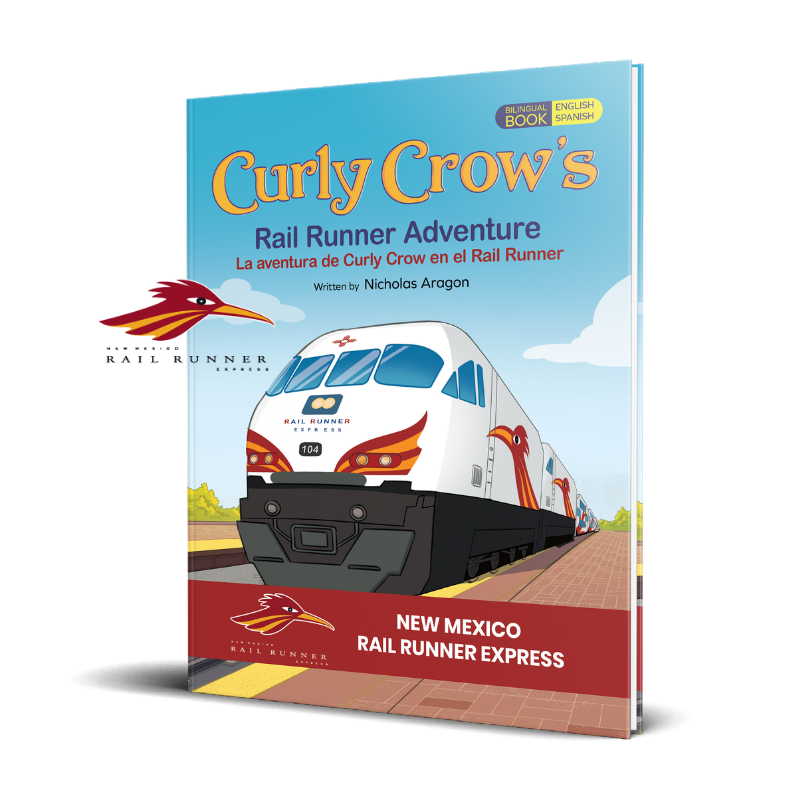 Book cover of 'Curly Crow's Rail Runner Adventure' with a train illustration on a white background