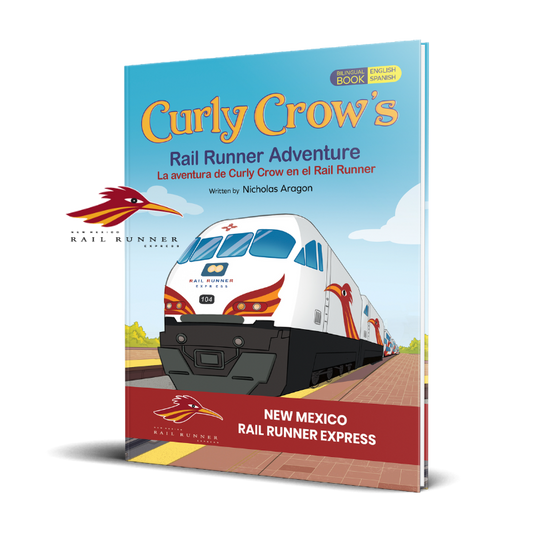 Book cover of 'Curly Crow's Rail Runner Adventure' with a train illustration on a white background