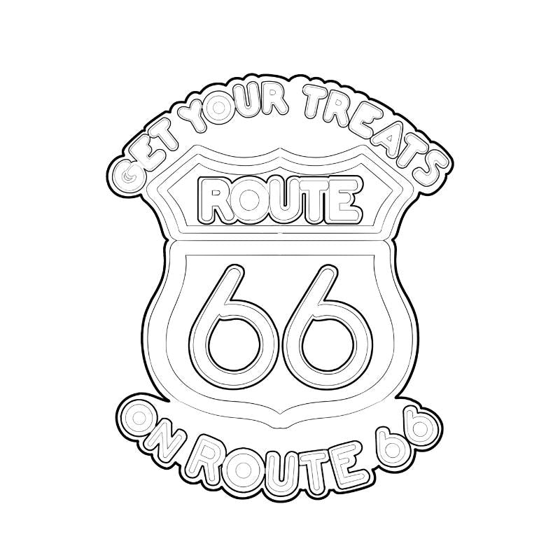 Route 66-themed design with text 'Let your treats on Route 66' on a white background