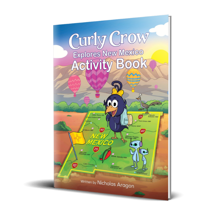 Activity book titled 'Curly Crow Explores New Mexico' with colorful illustrations on a white background