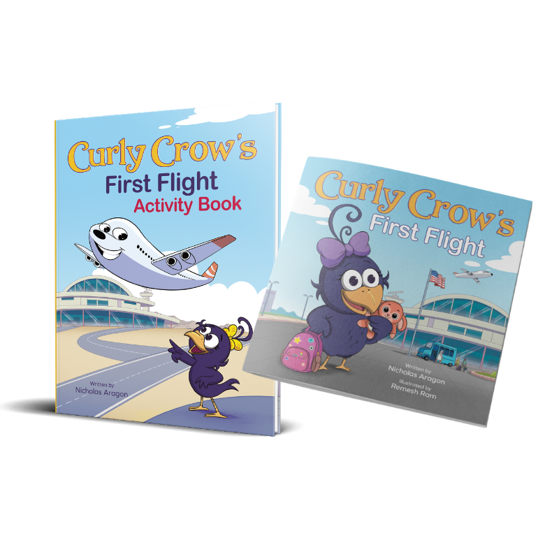 Two children's books titled 'Curly Crow's First Flight' on a white background