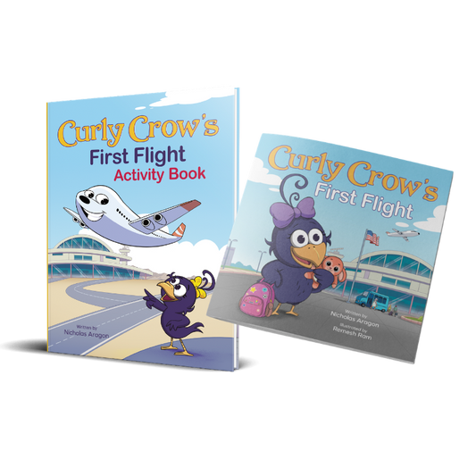 Two children's books titled 'Curly Crow's First Flight' on a white background