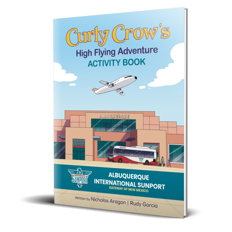 Curly Crow Sunport Activity Book Front Cover: Cover of the Curly Crow Sunport Activity Book featuring a cheerful cartoon crow with curly feathers, standing next to an airplane at the Albuquerque Sunport, with a bright New Mexico sunset in the background.