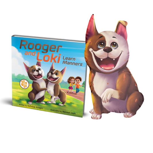 Rooger and Loki, two adorable Boston Terriers, posing with their best-selling children's book, 'Rooger and Loki Learn Manners: Sit, Boy, Sit!' from Curly Crow Books.