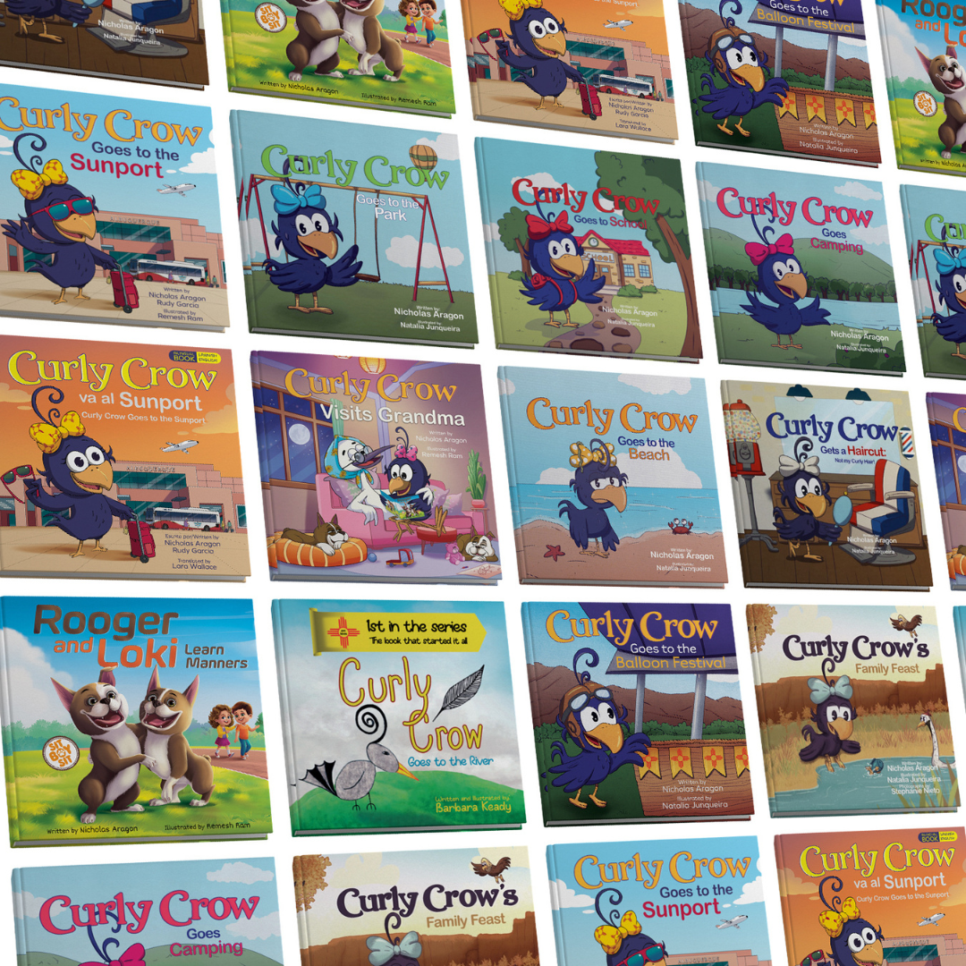 Collection of children's books featuring Curly Crow and Rooger and Loki on a grid.