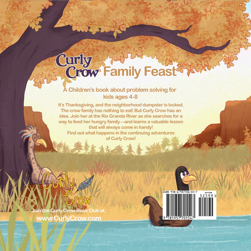 A book showing the back cover about Curly Crow flying over the Rio Grande River, on a mission to find food for her family’s Thanksgiving feast.