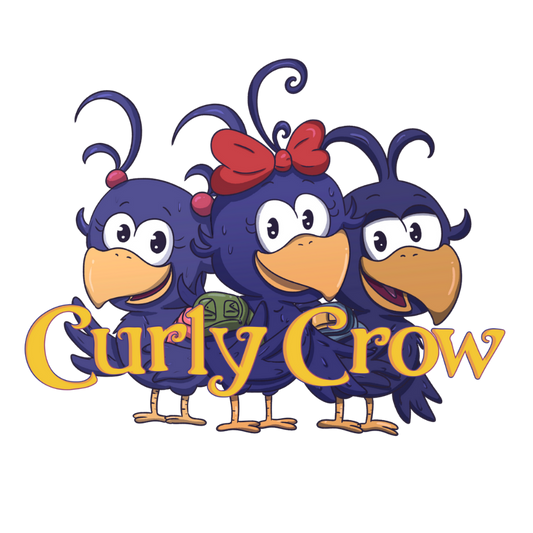 Three cartoon crows with curly hair and a red bow, with 'Curly Crow' text below.