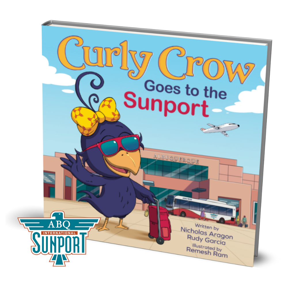 Cover of the children's book Curly Crow Goes to the Sunport, a playful story that helps young readers get ready for an airport adventure.