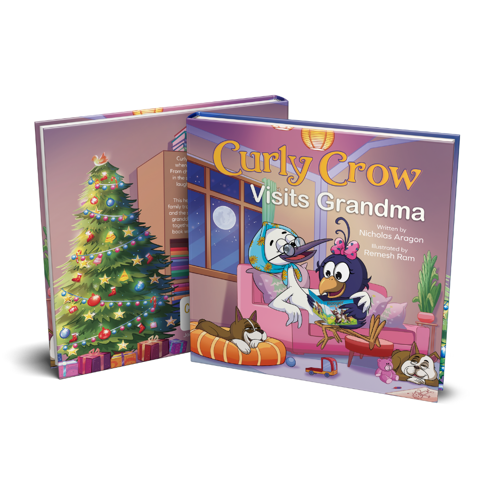 Children's book titled 'Curly Crow Visits Grandma' with a Christmas tree on the cover.