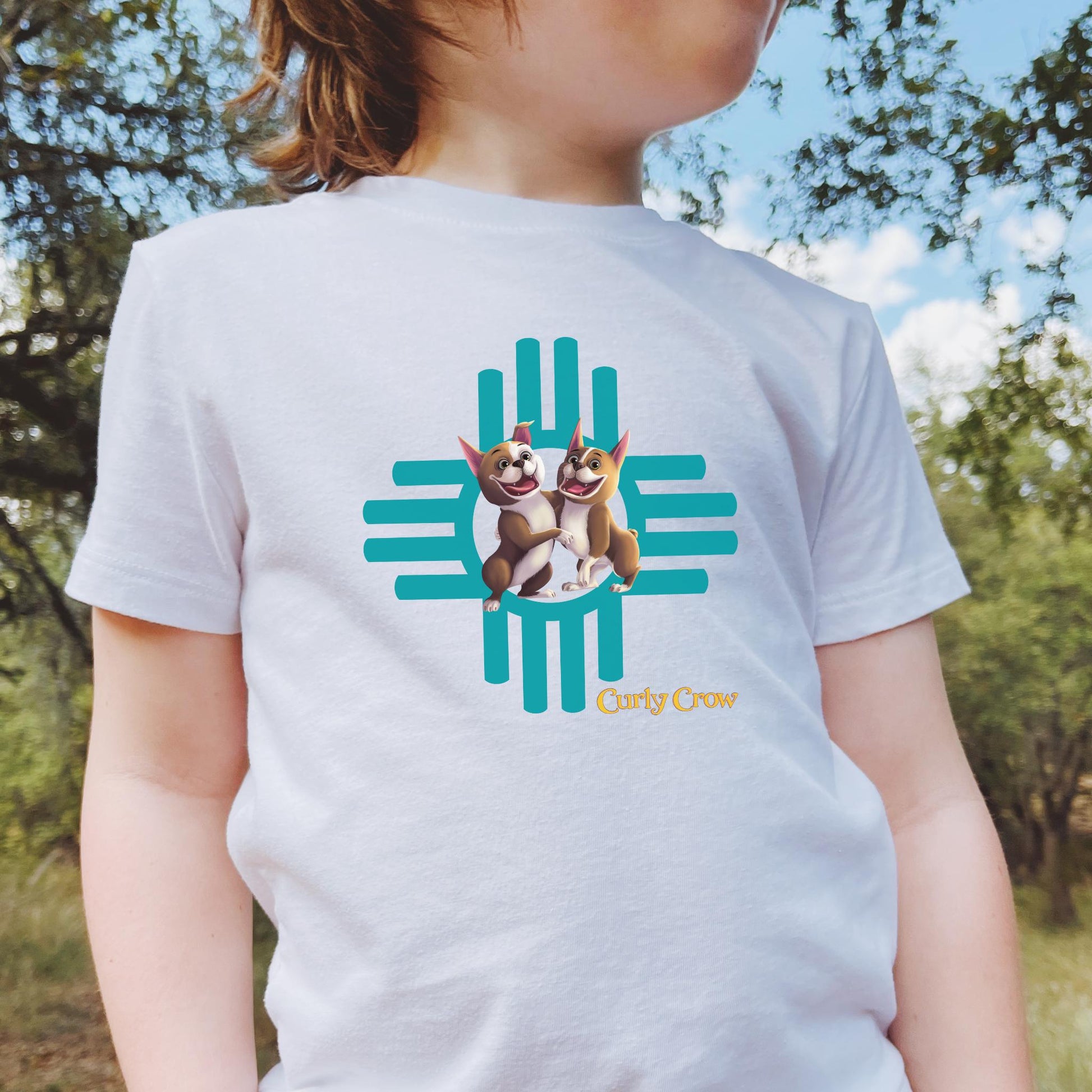 Kids t-shirt with Rooger & Loki Boston Terriers and New Mexico Zia symbol in bold, playful design