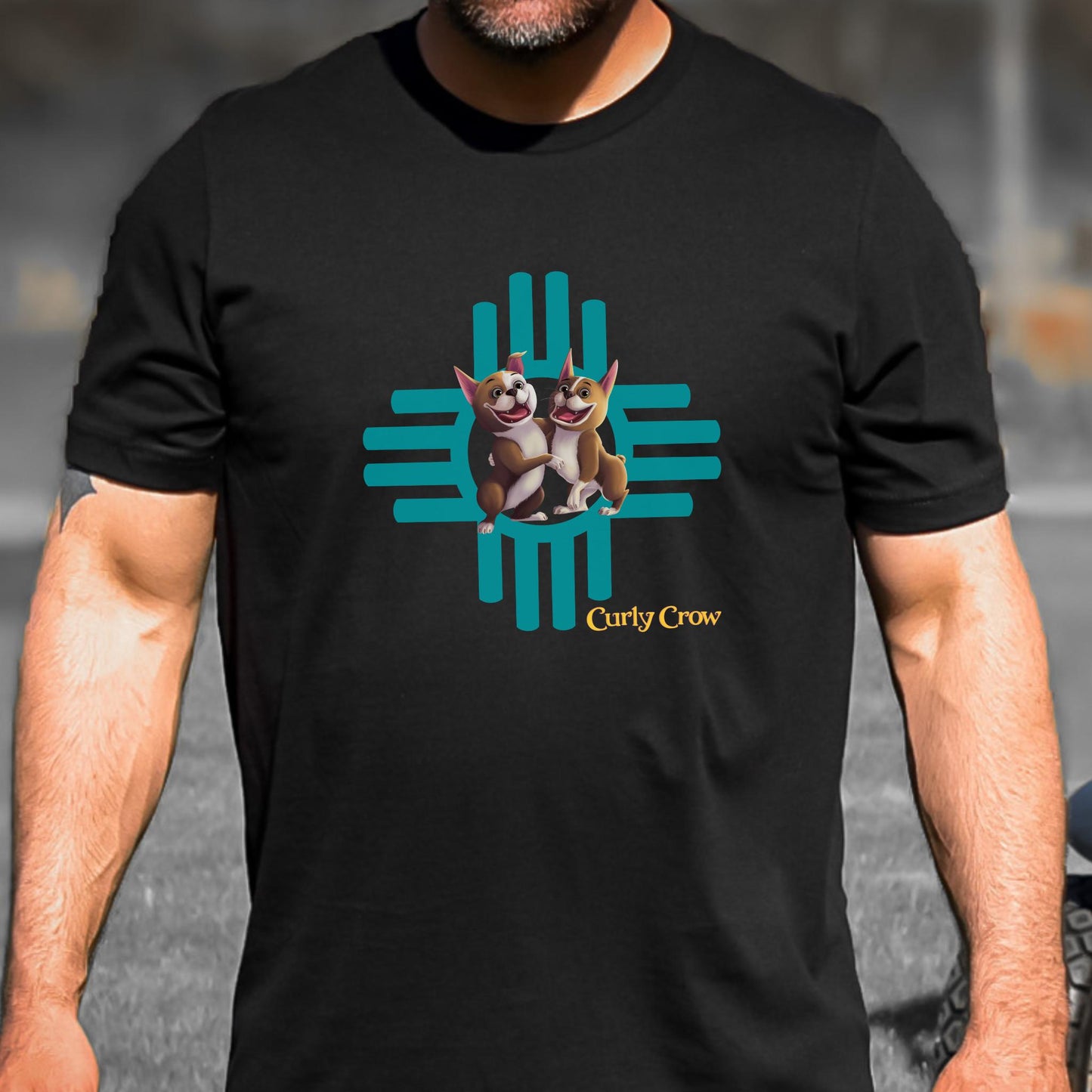 Adult t-shirt with Rooger & Loki and New Mexico Zia design