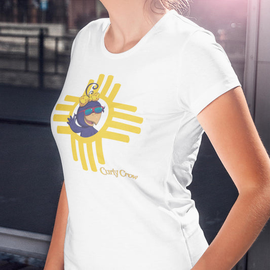 Curly Crow Adult T-Shirt woman wearing white crop top tee