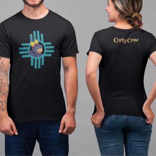 Front and back logo adult t-shirt with Curly Crow NM Zia Logo