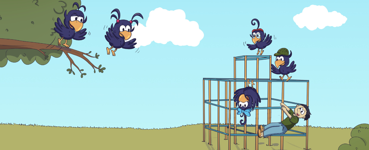 A group of Curly Crow's friends climbing on a jungle gym structure