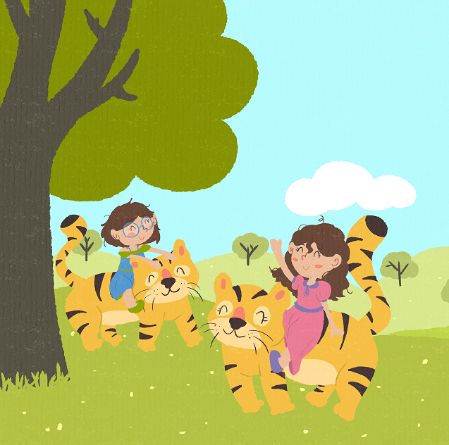 Curly Crow and her sister gathered around some tigers, highlighting the theme of trust and friendship.